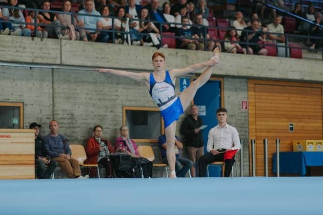 Kilian Krapp TV Schwaebisch Gmuend Wetzgau on floor, TV Schwaebisch Gmuend Wetzgau vs TuS Vinnhorst, Gymnastics, 1 Bundesliga, 3 Wettkampftag, Saison 2025, 07 06 2025, TV Schwaebisch Gmuend Wetzgau vs TuS Vinnhorst, Gymnastics, 1 Bundesliga, 3 Wettkampftag, Saison 2025, 07 06 2025 Schwaebisch Gmünd Copyright: xEibner-Pressefoto LarsxNeumannx EP_LNN