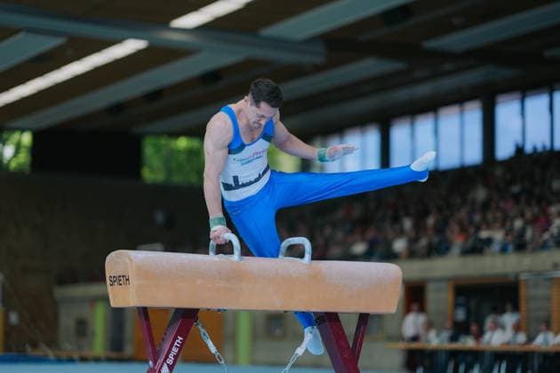 Andreas Toba TV Schwaebisch Gmuend Wetzgau on pommel horse, TV Schwaebisch Gmuend Wetzgau vs TuS Vinnhorst, Gymnastics, 1 Bundesliga, 3 competition day, Season 2025, 07 06 2025, TV Schwaebisch Gmuend Wetzgau vs TuS Vinnhorst, Gymnastics, 1 Bundesliga, 3 competition day, Season 2025, 07 06 2025 Schwaebisch Gmünd Copyright: xEibner-Pressefoto LarsxNeumannx EP_LNN