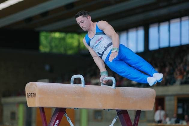 Andreas Toba TV Schwaebisch Gmuend Wetzgau on pommel horse, TV Schwaebisch Gmuend Wetzgau vs TuS Vinnhorst, Gymnastics, 1 Bundesliga, 3 competition day, Season 2025, 07 06 2025, TV Schwaebisch Gmuend Wetzgau vs TuS Vinnhorst, Gymnastics, 1 Bundesliga, 3 competition day, Season 2025, 07 06 2025 Schwaebisch Gmünd Copyright: xEibner-Pressefoto LarsxNeumannx EP_LNN