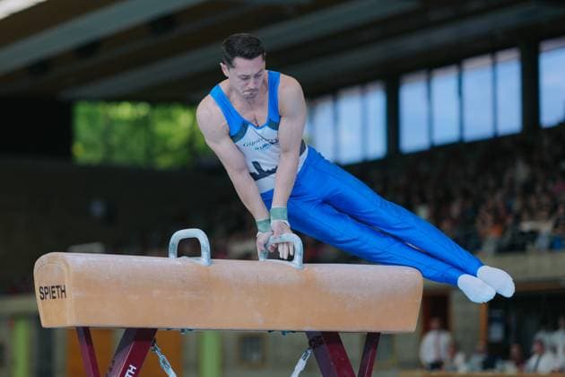 Andreas Toba TV Schwaebisch Gmuend Wetzgau on pommel horse, TV Schwaebisch Gmuend Wetzgau vs TuS Vinnhorst, Gymnastics, 1 Bundesliga, 3 competition day, Season 2025, 07 06 2025, TV Schwaebisch Gmuend Wetzgau vs TuS Vinnhorst, Gymnastics, 1 Bundesliga, 3 competition day, Season 2025, 07 06 2025 Schwaebisch Gmünd Copyright: xEibner-Pressefoto LarsxNeumannx EP_LNN