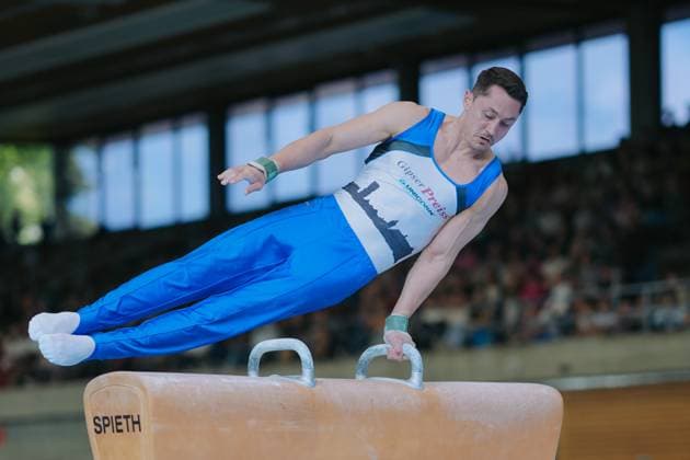 Andreas Toba TV Schwaebisch Gmuend Wetzgau on pommel horse, TV Schwaebisch Gmuend Wetzgau vs TuS Vinnhorst, Gymnastics, 1 Bundesliga, 3 competition day, Season 2025, 07 06 2025, TV Schwaebisch Gmuend Wetzgau vs TuS Vinnhorst, Gymnastics, 1 Bundesliga, 3 competition day, Season 2025, 07 06 2025 Schwaebisch Gmünd Copyright: xEibner-Pressefoto LarsxNeumannx EP_LNN