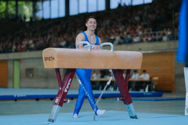 Andreas Toba TV Schwaebisch Gmuend Wetzgau happy after his pommel horse routine, TV Schwaebisch Gmuend Wetzgau vs TuS Vinnhorst, Gymnastics, 1 Bundesliga, 3 Wettkampftag, Saison 2025, 07 06 2025, TV Schwaebisch Gmuend Wetzgau vs TuS Vinnhorst, Gymnastics, 1 Bundesliga, 3 Wettkampftag, Saison 2025, 07 06 2025 Schwaebisch Gmünd Copyright: xEibner-Pressefoto LarsxNeumannx EP_LNN