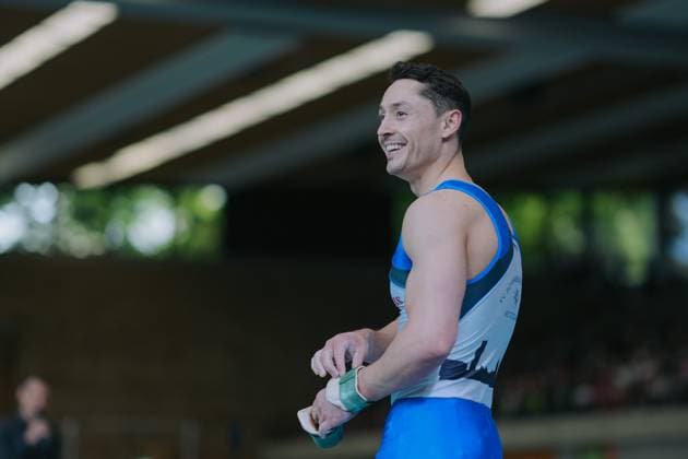 Andreas Toba TV Schwaebisch Gmuend Wetzgau happy after his pommel horse routine, TV Schwaebisch Gmuend Wetzgau vs TuS Vinnhorst, Gymnastics, 1 Bundesliga, 3 Wettkampftag, Saison 2025, 07 06 2025, TV Schwaebisch Gmuend Wetzgau vs TuS Vinnhorst, Gymnastics, 1 Bundesliga, 3 Wettkampftag, Saison 2025, 07 06 2025 Schwaebisch Gmünd Copyright: xEibner-Pressefoto LarsxNeumannx EP_LNN