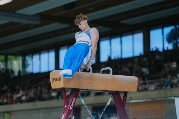 Philipp Steeb TV Schwaebisch Gmuend Wetzgau on pommel horse, TV Schwaebisch Gmuend Wetzgau vs TuS Vinnhorst, Gymnastics, 1 Bundesliga, 3 competition day, Season 2025, 07 06 2025, TV Schwaebisch Gmuend Wetzgau vs TuS Vinnhorst, Gymnastics, 1 Bundesliga, 3 competition day, Season 2025, 07 06 2025 Schwaebisch Gmünd Copyright: xEibner-Pressefoto LarsxNeumannx EP_LNN