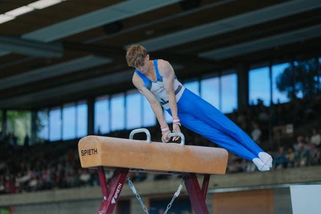 Philipp Steeb TV Schwaebisch Gmuend Wetzgau on pommel horse, TV Schwaebisch Gmuend Wetzgau vs TuS Vinnhorst, Gymnastics, 1 Bundesliga, 3 competition day, Season 2025, 07 06 2025, TV Schwaebisch Gmuend Wetzgau vs TuS Vinnhorst, Gymnastics, 1 Bundesliga, 3 competition day, Season 2025, 07 06 2025 Schwaebisch Gmünd Copyright: xEibner-Pressefoto LarsxNeumannx EP_LNN