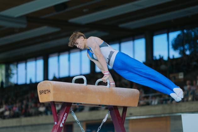 Philipp Steeb TV Schwaebisch Gmuend Wetzgau on pommel horse, TV Schwaebisch Gmuend Wetzgau vs TuS Vinnhorst, Gymnastics, 1 Bundesliga, 3 competition day, Season 2025, 07 06 2025, TV Schwaebisch Gmuend Wetzgau vs TuS Vinnhorst, Gymnastics, 1 Bundesliga, 3 competition day, Season 2025, 07 06 2025 Schwaebisch Gmünd Copyright: xEibner-Pressefoto LarsxNeumannx EP_LNN