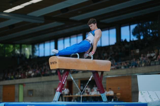 Carlo Hoerr TV Schwaebisch Gmuend Wetzgau on pommel horse, TV Schwaebisch Gmuend Wetzgau vs TuS Vinnhorst, Gymnastics, 1 Bundesliga, 3 competition day, Season 2025, 07 06 2025, TV Schwaebisch Gmuend Wetzgau vs TuS Vinnhorst, Gymnastics, 1 Bundesliga, 3 competition day, Season 2025, 07 06 2025 Schwaebisch Gmünd Copyright: xEibner-Pressefoto LarsxNeumannx EP_LNN
