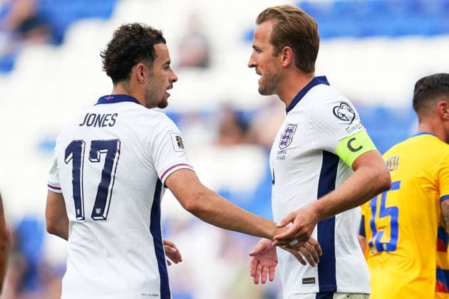 Harry Kane of England celebrates scoring the opening goal for their side with their teammates Andorra v England, FIFA 2026 World Cup Qualifying, Group K, Football, RCDE Stadium, Barcelona, Spain - 07 Jun 2025 EDITORIAL USE ONLY No use with unauthorised audio, video, data, fixture lists, club league logos or live services. Online in-match use limited to 120 images, no video emulation. No use in betting, games or single club league player publications. Copyright: xBaguxBlanco Shutterstockx 15345797ba