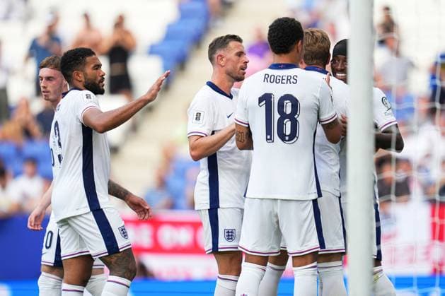Harry Kane of England celebrates scoring the opening goal for their side with their teammates Andorra v England, FIFA 2026 World Cup Qualifying, Group K, Football, RCDE Stadium, Barcelona, Spain - 07 Jun 2025 EDITORIAL USE ONLY No use with unauthorised audio, video, data, fixture lists, club league logos or live services. Online in-match use limited to 120 images, no video emulation. No use in betting, games or single club league player publications. Copyright: xBaguxBlanco Shutterstockx 15345797bc
