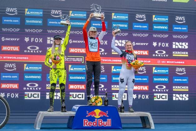 MOUNTAINBIKE - UCI MTB World Series LEOGANG,AUSTRIA,07.JUN.25 - CYCLING, MOUNTAIN BIKE - UCI Mountainbike World Cup, downhill. Image shows Aletha Ostgaard (USA), Rosa Zierl (AUT) and Eliana Hulsebosch (NZL).  GEPAxpictures xWolfgangxKofler