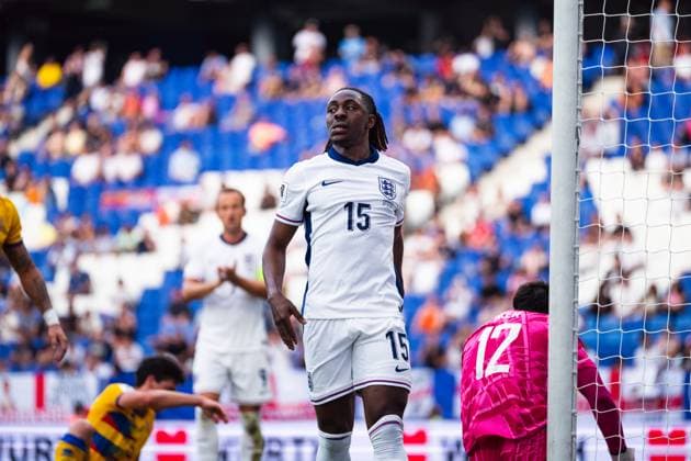 World Cup Qualifiers-Group Stage-Group K-Andorra v England in Cornella, Spain. Cornella, Spain, 7, June, 2025. England national team, Nationalteam player (15) Eberechi Eze reacts after scoring chance during World Cup qualifying match between Andorra and England in RCDE Stadium, Cornella, Spain, on June 7, 2025. Cornella RCDE Stadium Barcelona Spain