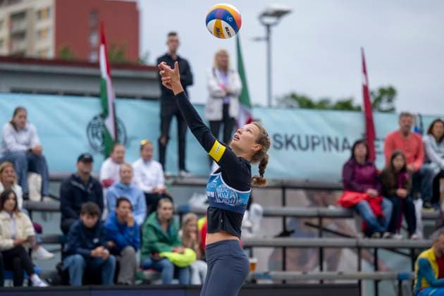 Anna Pavelkova of Czech Republic in action during the quarterfinal women double match Katerina Pavelkova and Anna Pavelkova of Czech Republic vs Hanna-Marie Schieder and Karla Borger of Germany at the Pro Tour Futures Beach volleyball, Beachvolleyball tournament in Prague, Czech Republic, June 7, 2025. (CTKxPhoto OndrejxDeml) CTKPhotoP2025060704826  CTKPhotoP2025060704826