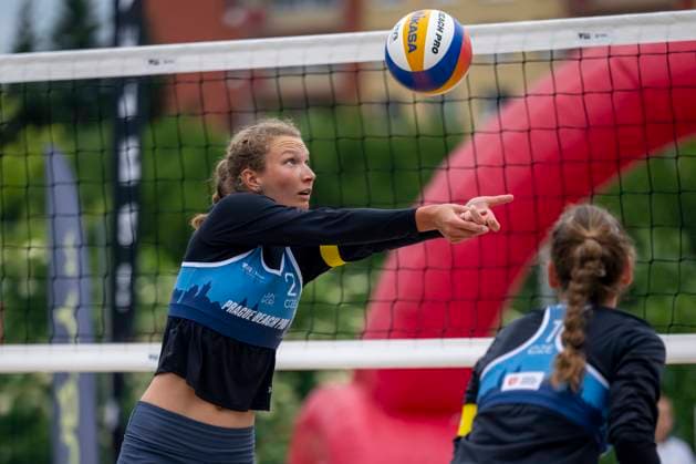 Anna Pavelkova, left, and Katerina Pavelkova of Czech Republic in action against Hanna-Marie Schieder and Karla Borger of Germany during the quarterfinal women double match at the Pro Tour Futures Beach volleyball, Beachvolleyball tournament in Prague, Czech Republic, June 7, 2025. (CTKxPhoto OndrejxDeml) CTKPhotoP2025060704828  CTKPhotoP2025060704828