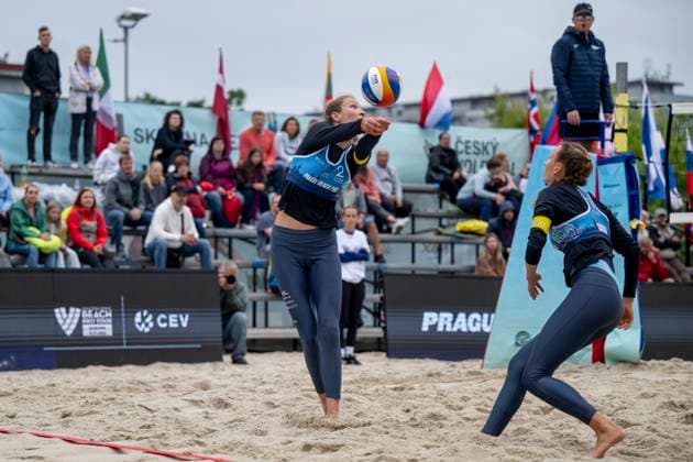Anna Pavelkova, left, and Katerina Pavelkova of Czech Republic in action against Hanna-Marie Schieder and Karla Borger of Germany during the quarterfinal women double match at the Pro Tour Futures Beach volleyball, Beachvolleyball tournament in Prague, Czech Republic, June 7, 2025. (CTKxPhoto OndrejxDeml) CTKPhotoP2025060704831  CTKPhotoP2025060704831