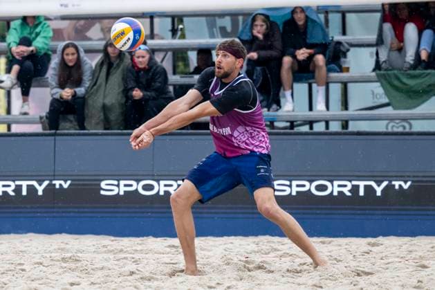 Jiri Sedlak of Czech Republic in action during the quarterfinal men double match Jiri Sedlak and Jakub Sepka of Czech Republic vs Tomas Semerad and Adam Miroslav Stocek of Czech Republic at the Pro Tour Futures Beach volleyball, Beachvolleyball tournament in Prague, Czech Republic, June 7, 2025. (CTKxPhoto OndrejxDeml) CTKPhotoP2025060705065  CTKPhotoP2025060705065