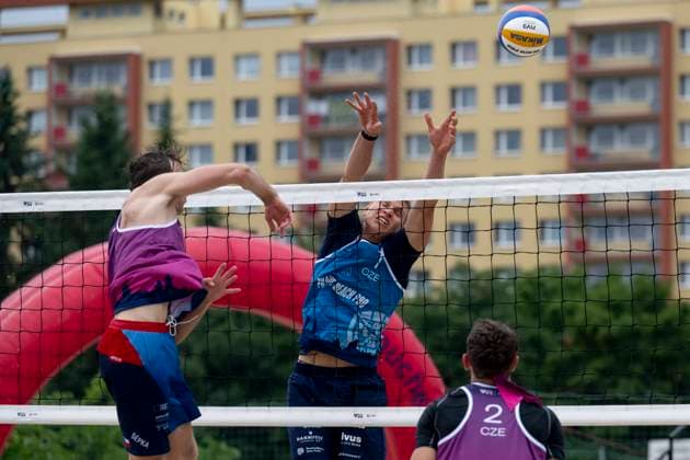 From left Jakub Sepka, Tomas Semerad and Jiri Sedlak of Czech Republic in action during the quarterfinal men double match Jiri Sedlak and Jakub Sepka of Czech Republic vs Tomas Semerad and Adam Miroslav Stocek of Czech Republic at the Pro Tour Futures Beach volleyball, Beachvolleyball tournament in Prague, Czech Republic, June 7, 2025. (CTKxPhoto OndrejxDeml) CTKPhotoP2025060705067  CTKPhotoP2025060705067
