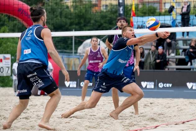 Front left Adam Miroslav Stocek and Tomas Semerad of Czech Republic, back left Jakub Sepka and Jiri Sedlak of Czech Republic in action during their quarterfinal men double match at the Pro Tour Futures Beach volleyball, Beachvolleyball tournament in Prague, Czech Republic, June 7, 2025. (CTKxPhoto OndrejxDeml) CTKPhotoP2025060705068  CTKPhotoP2025060705068