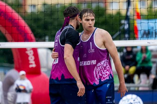 Jiri Sedlak, left, and Jakub Sepka of Czech Republic reacts as they play against Tomas Semerad and Adam Miroslav Stocek of Czech Republic during their quarterfinal men double match at the Pro Tour Futures Beach volleyball, Beachvolleyball tournament in Prague, Czech Republic, June 7, 2025. (CTKxPhoto OndrejxDeml) CTKPhotoP2025060705075  CTKPhotoP2025060705075