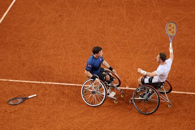 Gordon Reid and Alfie Hewett of GB celebrate on match point French Open Tennis, Day Fourteen, Tennis, Roland Garros, Paris, France - 07 Jun 2025 EDITORIAL USE ONLY No use with unauthorised audio, video, data, fixture lists, club league logos or live services. Online in-match use limited to 120 images, no video emulation. No use in betting, games or single club league player publications. Copyright: xEllaxLing Shutterstockx 15346222bt