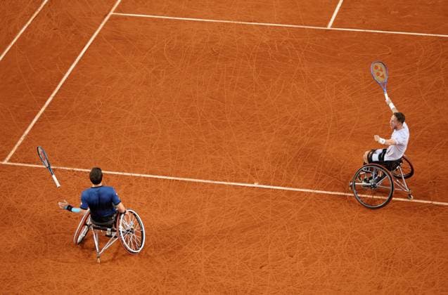 Gordon Reid and Alfie Hewett of GB celebrate on match point French Open Tennis, Day Fourteen, Tennis, Roland Garros, Paris, France - 07 Jun 2025 EDITORIAL USE ONLY No use with unauthorised audio, video, data, fixture lists, club league logos or live services. Online in-match use limited to 120 images, no video emulation. No use in betting, games or single club league player publications. Copyright: xEllaxLing Shutterstockx 15346222bv