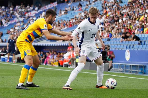 June 7, 2025, Sabadell, Barcelona, Spain: Barcelona Spain 07.06.2025 Biel Borra (Andorra) and Cole Palmer ( England) battle for the ball during the European Qualifiers between Andorra and England at RCDE Stadium on 07 June 2025 in Barcelona. Sabadell Spain - ZUMAu50_ 20250607_zsp_u50_038 Copyright: xXavixUrgelesx