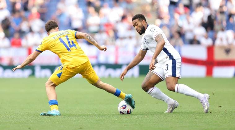 June 7, 2025, Sabadell, Barcelona, Spain: Barcelona Spain 07.06.2025 Aron Rodrigo (Andorra) and Reece James ( England) battle for the ball during the European Qualifiers between Andorra and England at RCDE Stadium on 07 June 2025 in Barcelona. Sabadell Spain - ZUMAu50_ 20250607_zsp_u50_052 Copyright: xXavixUrgelesx