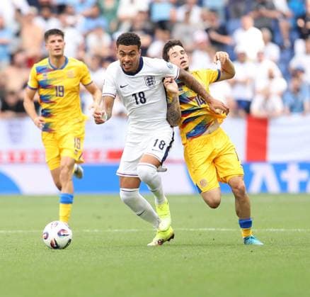 June 7, 2025, Sabadell, Barcelona, Spain: Barcelona Spain 07.06.2025 Aron Rodrigo (Andorra) and Morgan Rogers ( England) battle for the ball during the European Qualifiers between Andorra and England at RCDE Stadium on 07 June 2025 in Barcelona. Sabadell Spain - ZUMAu50_ 20250607_zsp_u50_021 Copyright: xXavixUrgelesx