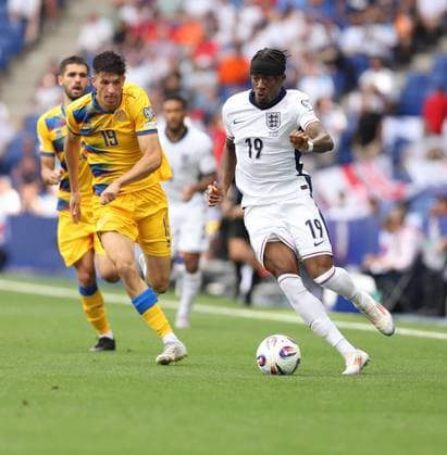 June 7, 2025, Sabadell, Barcelona, Spain: Barcelona Spain 07.06.2025 Joel Guillem (Andorra) and Noni Madueke ( England) battle for the ball during the European Qualifiers between Andorra and England at RCDE Stadium on 07 June 2025 in Barcelona. Sabadell Spain - ZUMAu50_ 20250607_zsp_u50_008 Copyright: xXavixUrgelesx