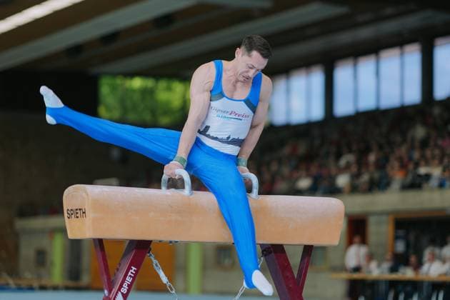 Andreas Toba TV Schwaebisch Gmuend Wetzgau on pommel horse, TV Schwaebisch Gmuend Wetzgau vs TuS Vinnhorst, Gymnastics, 1 Bundesliga, 3 competition day, Season 2025, 07 06 2025, TV Schwaebisch Gmuend Wetzgau vs TuS Vinnhorst, Gymnastics, 1 Bundesliga, 3 competition day, Season 2025, 07 06 2025 Schwaebisch Gmünd Copyright: xEibner-Pressefoto LarsxNeumannx EP_LNN