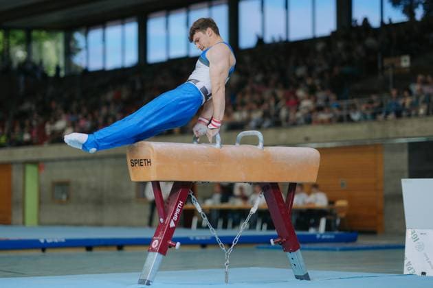 Carlo Hoerr TV Schwaebisch Gmuend Wetzgau on pommel horse, TV Schwaebisch Gmuend Wetzgau vs TuS Vinnhorst, Gymnastics, 1 Bundesliga, 3 competition day, Season 2025, 07 06 2025, TV Schwaebisch Gmuend Wetzgau vs TuS Vinnhorst, Gymnastics, 1 Bundesliga, 3 competition day, Season 2025, 07 06 2025 Schwaebisch Gmünd Copyright: xEibner-Pressefoto LarsxNeumannx EP_LNN