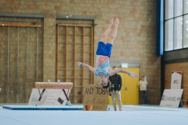 Marcel Graf TuS Vinnhorst on floor, TV Schwaebisch Gmuend Wetzgau vs TuS Vinnhorst, Gymnastics, 1 Bundesliga, 3 Wettkampftag, Saison 2025, 07 06 2025, TV Schwaebisch Gmuend Wetzgau vs TuS Vinnhorst, Gymnastics, 1 Bundesliga, 3 Wettkampftag, Saison 2025, 07 06 2025 Schwaebisch Gmünd Copyright: xEibner-Pressefoto LarsxNeumannx EP_LNN