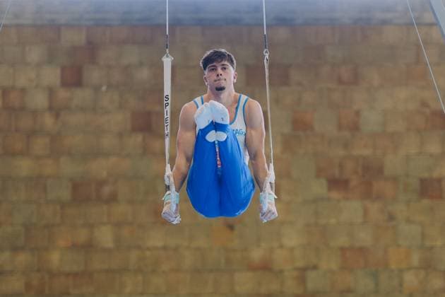 Maxim Sinner TuS Vinnhorst on the rings, TV Schwaebisch Gmuend Wetzgau vs TuS Vinnhorst, Gymnastics, 1 Bundesliga, 3 competition day, Season 2025, 07 06 2025, TV Schwaebisch Gmuend Wetzgau vs TuS Vinnhorst, Gymnastics, 1 Bundesliga, 3 competition day, Season 2025, 07 06 2025 Schwaebisch Gmünd Copyright: xEibner-Pressefoto LarsxNeumannx EP_LNN