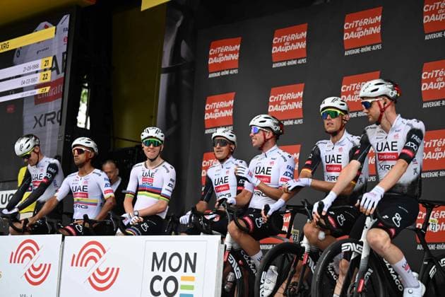 08-06-2025 Criterium Du Dauphine Libere; Tappa 01 Domerat - Montlucon; 2025, Uae Team Emirates - Xrg; Narvaez, Jhonnatan; Pogacar, Tadej; Novak, Domen; Domerat; 