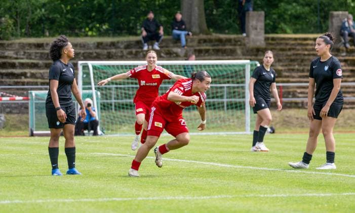 Soccer, 2 Women, Season 2024 2025, BFV Pokal Polytan Pokal Final , 1 FC Union Berlin U23 FC Viktoria 89 U20, Lina Krauss 1 FC Union II , Cheering after goal to 1 0, 08 06 2025, Copyright: xMatthiasxKochx
