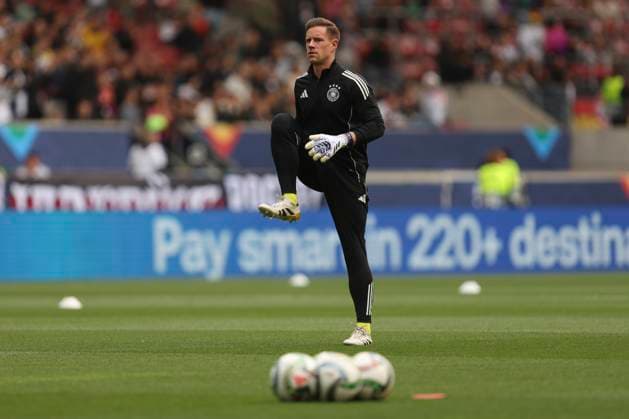 Goalkeeper Marc AndrÃ ter Stegen Germany warm s up during the UEFA Nations League 2025 third place match between Germany and France at Stuttgart Arena on June 8, 2025 in Stuttgart, Germany Photo by Oliver Kaelke DeFodi Images