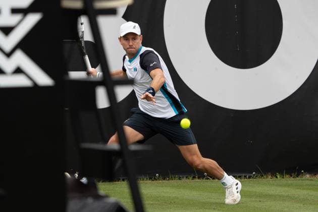 James Duckworth takes a focused forehand, James Duckworth vs Nikolos Bassilashvili, Tennis, ATP Tournament, Boss Open, Court No 1, Colosseum, Qualification, 08 06 2025, James Duckworth vs Nikolos Bassilashvili, Tennis, ATP Tournament, Boss Open, Court No 1, Colosseum, Qualification, 08 06 2025, Stuttgart Copyright: xEibner-Pressefoto EdwardxCheungx EP_ECG