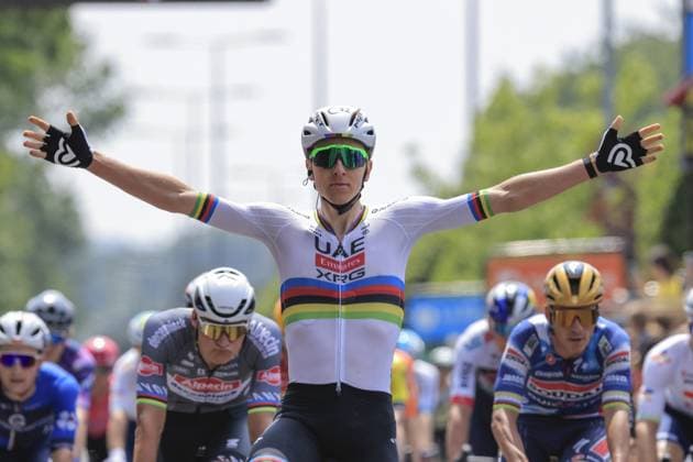 POGA?AR Tadej, UAE Team Emirates - XRG, Winner stage, during the Criterium du Dauphine, Stage 1, Domerat - Montlucon, 06 08 2025 - 195,8 km during Criterium du Dauphine 2025 - Stage 1, Street Cycling race in France, France, June 08 2025 Copyright: xStefanoxCavasino IPAxSportx xipa-agency.netx xx IPA_58777214 IPA_Agency_IPA58777214