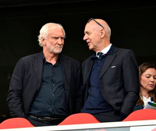 08 06 2025, Football UEFA Nations League 2024 25, match for third place, Germany France, in the MHP Arena Stuttgart, from l Sports Director Rudi Völler Germany and DFB President Bernd Neuendorf Germany