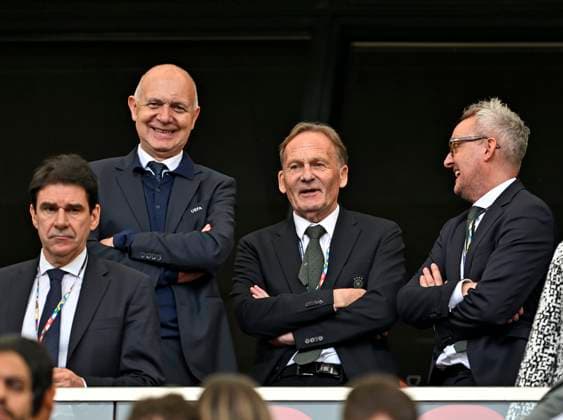 08 06 2025, Football UEFA Nations League 2024 25, Match for 3rd place, Germany France, in the MHP Arena Stuttgart, DFB President Bernd Neuendorf Germany and Hans Joachim Watzke Germany