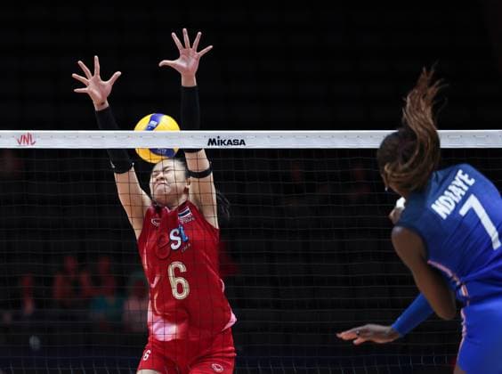 (250608) -- BEIJING, June 8, 2025 -- Thailand s Warisara Seetaloed (L) blocks the ball during the Pool 3 match between France and Thailand at the Women s Volleyball Nations League (VNL) 2025 at the National Indoor Stadium in Beijing, China, June 8, 2025. ) (SP)CHINA-BEIJING-VOLLEYBALL-VNL-FRANCE VS THAILAND (CN) LuoxYuan 