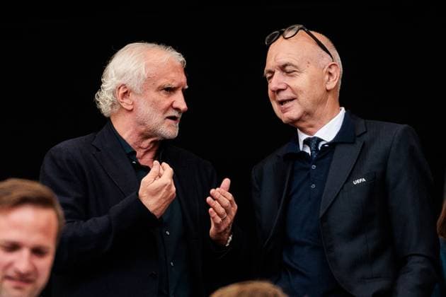 UEFA Nations League Finals Germany France 08 06 2025 Rudi Völler DFB Director A National Team and Bernd Neuendorf DFB President talk UEFA Nations League Finals Match for 3rd place Germany France Stuttgart, Arena Stuttgart on 08 06 2025 Copyright: xBEAUTIFULxSPORTS Wunderlx