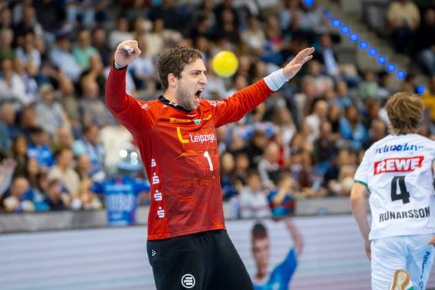 Handball I Men I Season 2024 2025 I Bundesliga I 34 Matchday I TVB Stuttgart SC DHfK Leipzig I 08 06 2025 Domenico Ebner 1, SC DHfK Leipzig cheers Stuttgart Porsche Arena Baden Württemberg Germany Copyright: xLobeca MaxxPetershansx