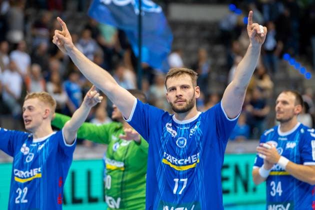 Handball I Men I Season 2024 2025 I Bundesliga I 34 Matchday I TVB Stuttgart SC DHfK Leipzig I 08 06 2025 Samuel Röthlisberger 17, TVB Stuttgart jubelt Stuttgart Porsche Arena Baden Württemberg Germany Copyright: xLobeca MaxxPetershansx