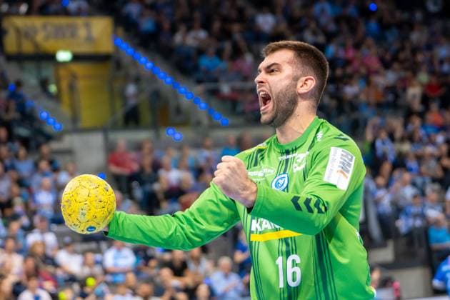 Handball I Men I Season 2024 2025 I Bundesliga I 34 Matchday I TVB Stuttgart SC DHfK Leipzig I 08 06 2025 Miljan Vujovic 16, TVB Stuttgart cheers Stuttgart Porsche Arena Baden Württemberg Germany Copyright: xLobeca MaxxPetershansx