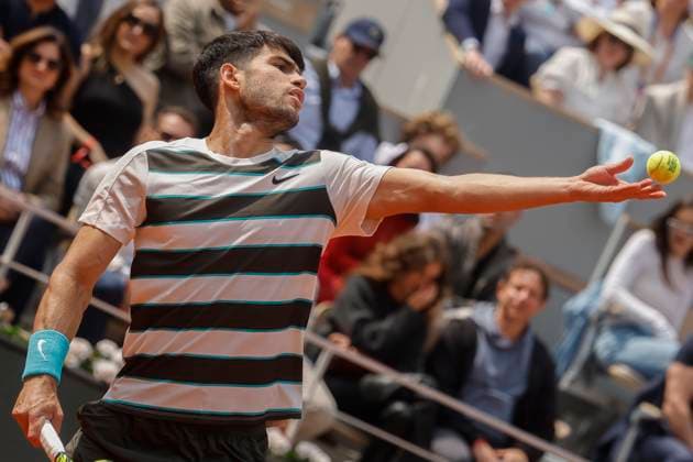 June 8, 2025, Paris, Paris, France: Carlos Alcaraz (ESP) in action during the tennis Grand Slam of Roland Garros 2025 menÃ¢â‚¬â ¢s final match between Jannik Sinner (ITA) and Carlos Alcaraz (ESP) at Philippe Chatrier central court in Roland Garros Stadium - on June 08 2025.Paris - France Paris France - ZUMAb253 20250608_zsp_b253_065 Copyright: xLoicxBaratouxx