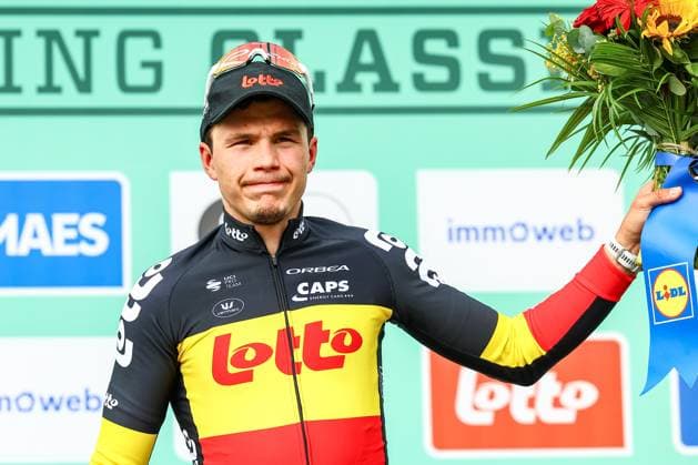 Belgian Arnaud De Lie of Lotto Cycling Team pictured on the podium after the Brussels Cycling Classic one day cycling race, 205,1 km from and to Brussels, Sunday 08 June 2025. DAVIDxPINTENS  x126452527x
