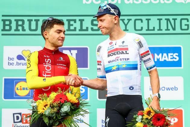 French Alexis Renard of Cofidis and Belgian Tim Merlier of Soudal Quick-Step pictured on the podium after the Brussels Cycling Classic one day cycling race, 205,1 km from and to Brussels, Sunday 08 June 2025. DAVIDxPINTENS  x126452582x