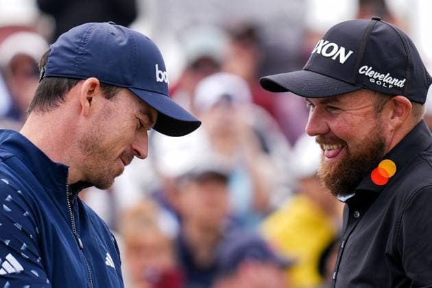 RBC Canadian Open 2025 - Final Round CALEDON, CANADA - JUNE 8 : Shane Lowry of Ireland (R) gestures with Nick Taylor of Canada (L) before taking their tee shots on the 1st hole during the final round of the RBC Canadian Open 2025 at TPC Toronto at Osprey Valley in Caledon, Ontario, Canada on June 8, 2025. Mert Alper Dervis Anadolu Ontario Canada. Editorial use only. Please get in touch for any other usage.  Copyright: x2025xAnadoluxMertxAlperxDervisx