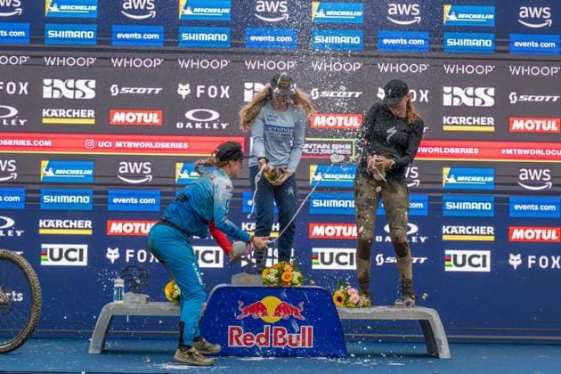 MOUNTAINBIKE - UCI MTB World Series LEOGANG,AUSTRIA,08.JUN.25 - CYCLING, MOUNTAIN BIKE - UCI Mountainbike World Cup, Enduro. Image shows Simona Kuchynokova (SVK), Ella Conolly (GBR) and Winni Goldsbury (NZL).  GEPAxpictures xWolfgangxKofler