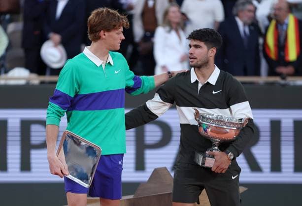 Jannik Sinner of Italy and Carlos Alcaraz of Spain with the trophies French Open Tennis, Day Fifteen, Tennis, Roland Garros, Paris, France - 08 Jun 2025 EDITORIAL USE ONLY No use with unauthorised audio, video, data, fixture lists, club league logos or live services. Online in-match use limited to 120 images, no video emulation. No use in betting, games or single club league player publications. Copyright: xEllaxLing Shutterstockx 15346226cg